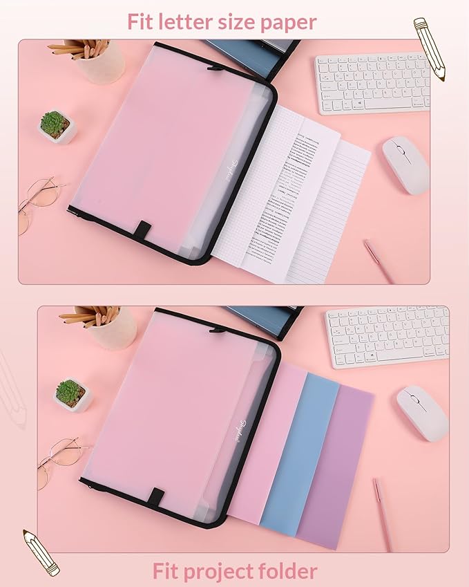 SKYDUE Accordion File Organizer, 7 Pocket Expanding File Folder with Front Pocket, Important Document Organizer with Double Zipper, School Office Supplies，Pink Folder