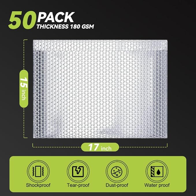 Koja Thermal Padded Bubble Mailers 50-Pack. Quality Shipping Envelopes and Bags with Extra-thick Padding. Fast and Easy Self-seal Envelope Design. (Silver, 17 X 15" 50-Pack)