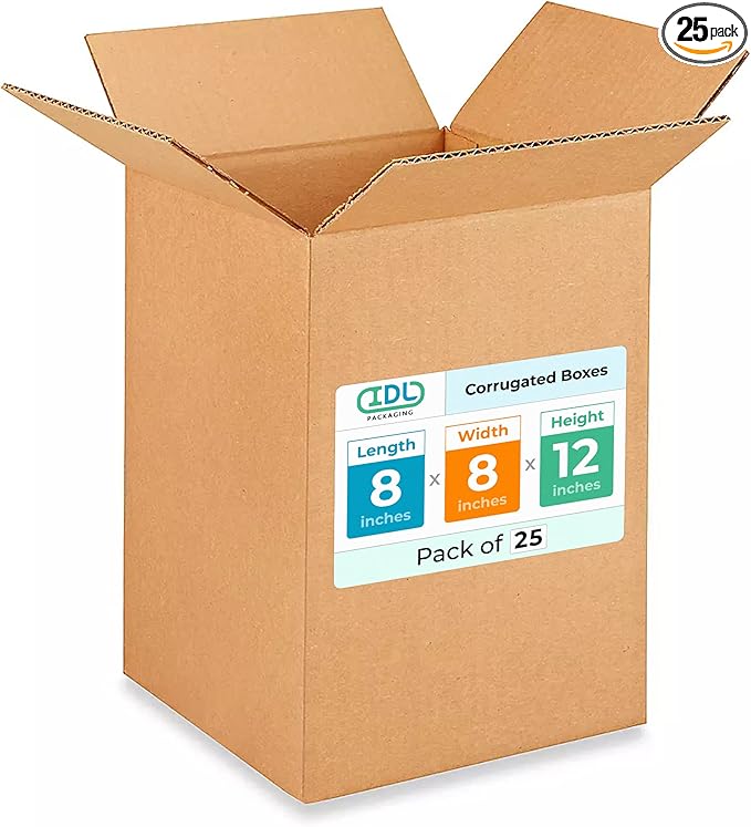 Small Moving & Shipping Boxes 8"L x 8"W x 12"H (25-Pack) - Extra Strength 200 lb vs Regular - USA-Made Corrugated Durable Packing Boxes - Box for Moving - Corrugated Cardboard Box by IDL Packaging