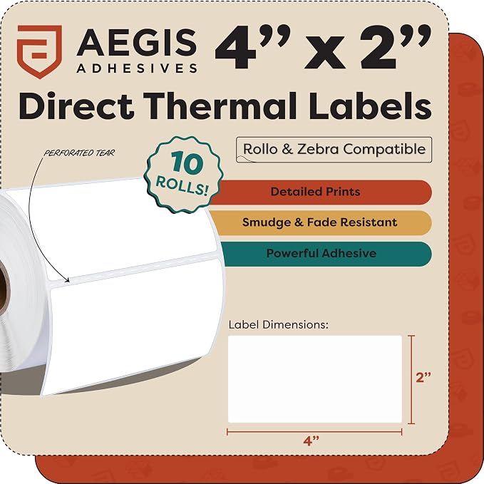 4" X 2" Direct Thermal Labels (7000 Count, 10 Rolls) | Inventory Barcode Stickers, FNSKU Labels, and Address Stickers - Compatible With Zebra and Rollo Printers - Aegis Adhesives