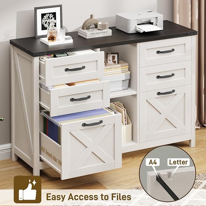 Halitaa Farmhouse Lateral File Cabinet with 6 Drawers, White and Black | Lateral Filing Cabinet for Letter/A4 Size Hanging File, Wood File Storage Cabinet Printer Stand for Home Office Cabinet