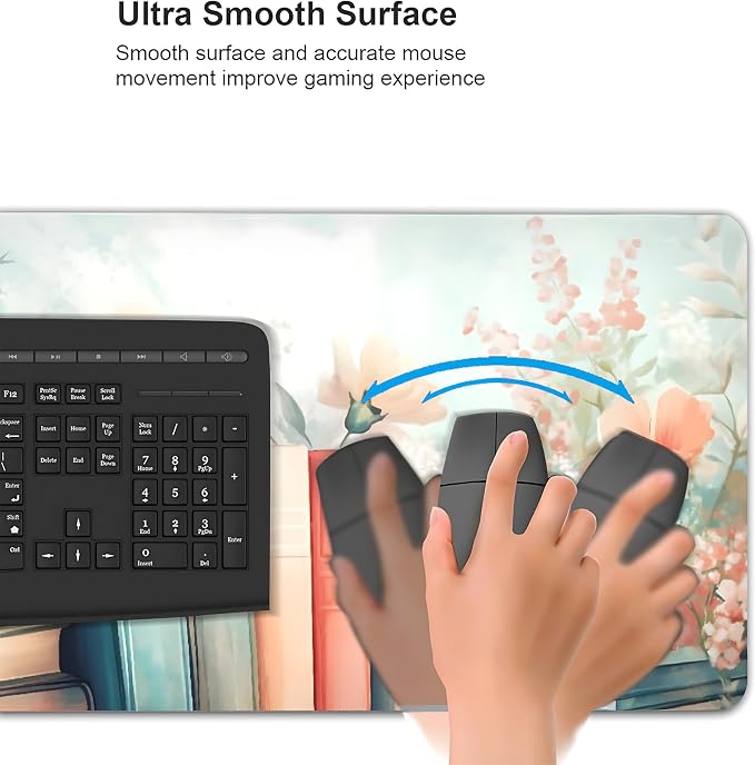 Floral Aesthetic Book Gaming Mouse Pad, Black Blue Cottagecore Desk Mat with Anti-Slip Base & Stitched Edges, Office Supplies & Desk Decor for Women, 35.4" x 15.7" in Home Office Essentials