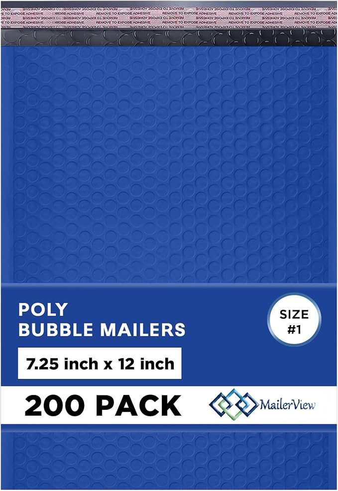 Royal Blue Bubble Mailers 7.25x12 Poly Padded Envelopes #1 200 Pack | Fits Comics, Photos & Cards, Self-Seal Closure, Cushioned Protection, Water-Resistant Poly, Bulk Pack