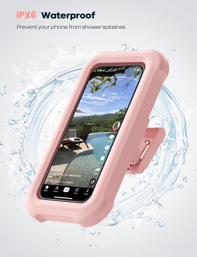 Lamicall Pink Waterproof Shower Phone Case Holder, 2-in-1 Wall Mount Stand | Women Girls Gift Gadget, Bathroom Wall Mount, Shower Walls & Surrounds Accessories for School Dorm College, for 4-7" Phones