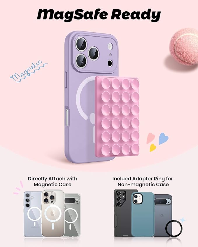 amBand Airplane Travel Essentials Phone Holder, Anti-Slip Magnetic Suction Cup Phone Mount for iPhone Fits Magsafe Attachment, Influencer/Sharer/Content Creator Must Haves for Selfie/Video, Peony Pink