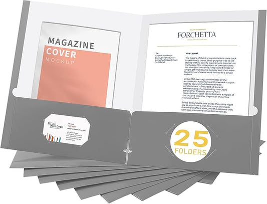 Zzrywuty File Folders with Pockets Letter Size,25-Pack Paper Folders with Card Slot,Grey Two Pocket Folders for School Students,Businessmen,Home and Office Workers