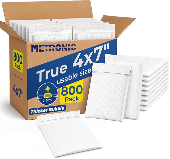 Metronic Bubble Mailers 4x8" 800Pack Padded Envelopes True 4x7" Usable Size | 50% Thicker 1/7" Bubble Self Seal Waterproof Bulk Bubble Envelopes for Trading Cards,Jewelry,Makeup,Small Business,#000,White
