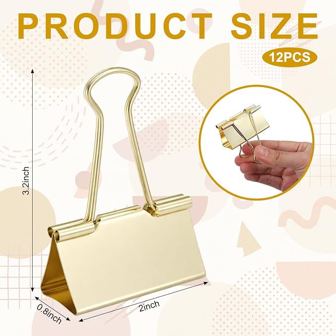 Frienda 12 Pack 2 Inch Extra Large Binder Clips, Big Paper Clamp,Gold | Back to School Supplies, Teacher Must Have, Metallic Finish, Non-slip Grip, Reusable, Office & Home Paper Organization