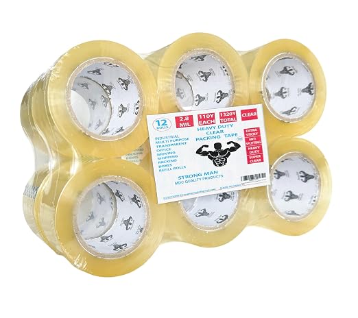Strong Man Heavy Duty Packing Tape, 12 Rolls of 2.8 mil x 1.88 in x 110 Yards, Ultra Strong, Super Clear, Refill for Packaging and Shipping Supplies,