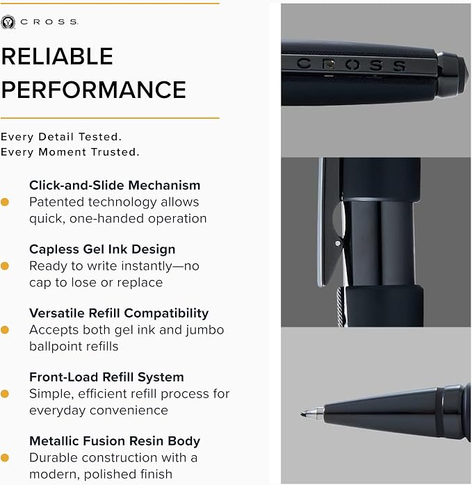Cross Edge Matte Black Lacquer Gel Rollerball Pen, Medium Point, Black Ink | Elegant Accessory for Smooth Writing, Capless Slide-Open and Snap-Shut Design, Ergonomic Shape, Comfortable Grip, Gift-Ready