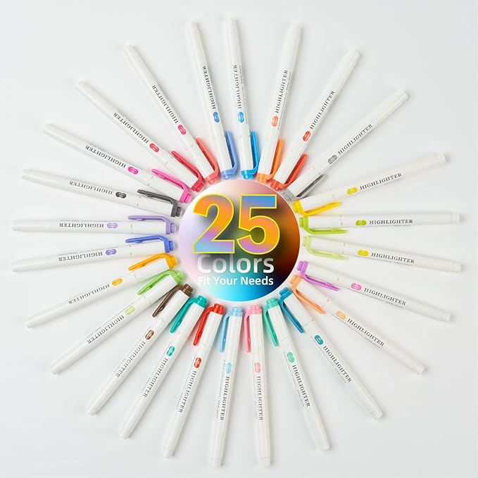 25Pcs Real Mild Highlighters, Pastel Highlighter Assorted Colors Markers Dual Tip Highlighter Markers Chisel and Fine Tips for Coloring, Underlining, Highlighting