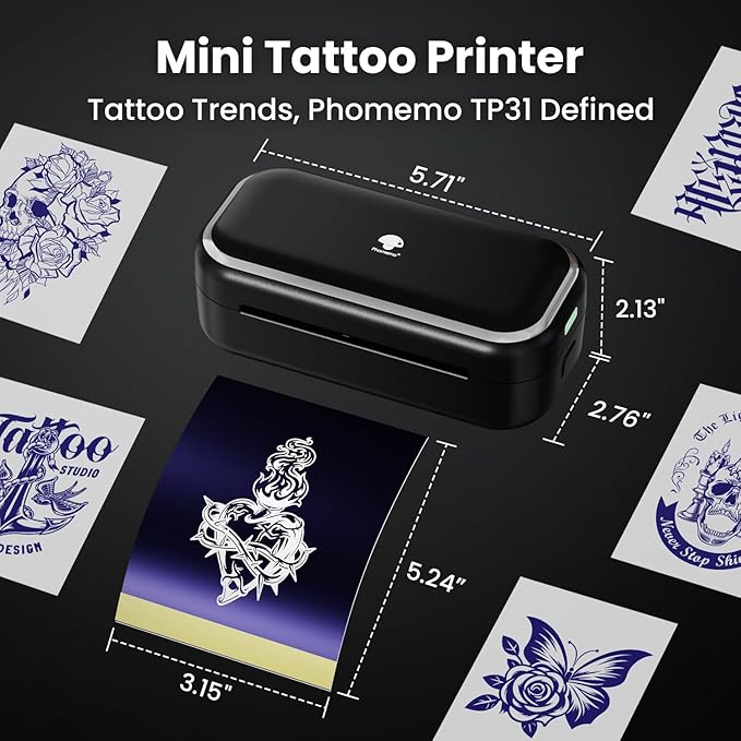 Phomemo TP31 Tattoo Stencil Printer, Mini Temporary Tattoo Maker with 30pcs Transfer Paper,Bluetooth Tattoo Machines Printers for Tattoo Beginners & Artists,DlY,Parties,Gifts. Deep Black