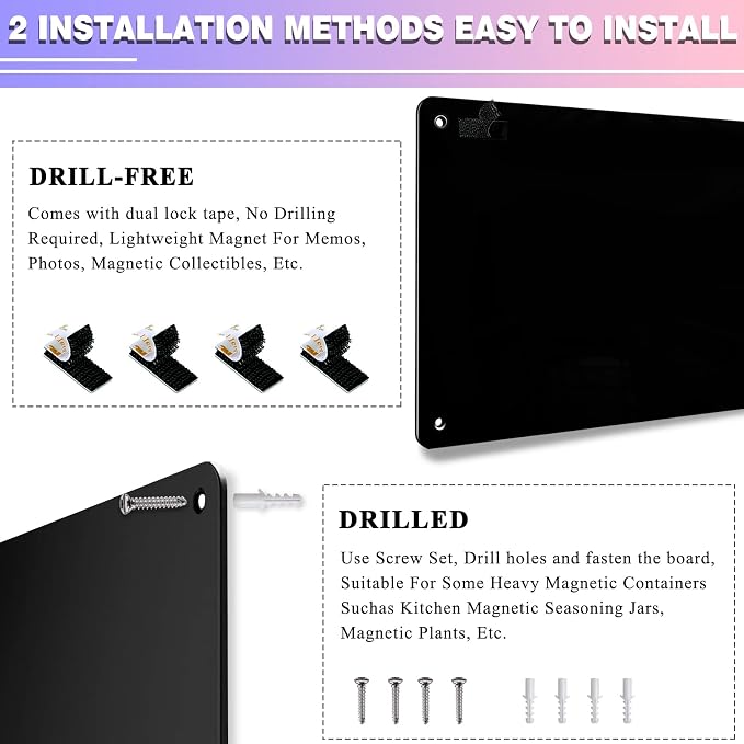 Black Magnetic Board,17.5" x 11.4" Magnet Bulletin Board to Display Magnetic Notes, Poetry, Photos, Suitable for Wall, Refrigerator, Cabinet etc, Come with 4 Pcs Dual Lock Tape and Screws
