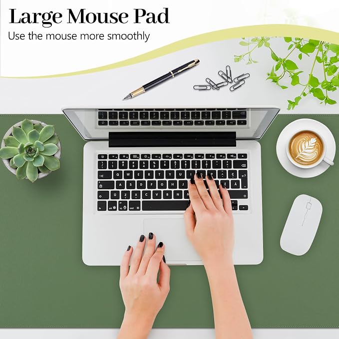 Green Leather Desk Pad Large Mouse Pad, 31.5"x15.7" | Waterproof Desk Mat for Keyboard and Mouse, Non-Slip Computer Desk Protector, Smooth Mouse Control for Home Office