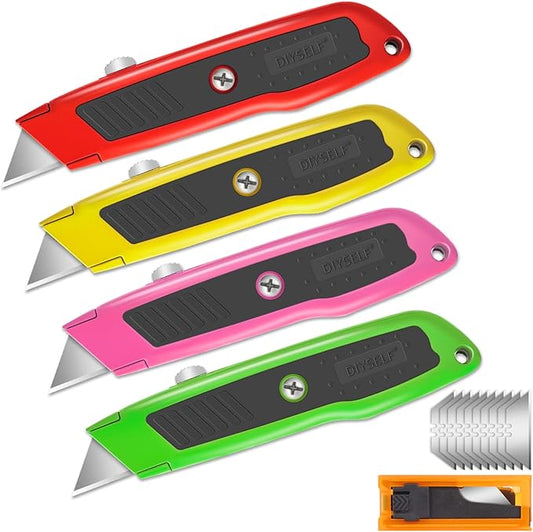 DIYSELF 4 Pack Box Cutter Retractable, Razor Knife with Auto Lock, Box Opener with 10 Blades, Box Knife, Sharp Utility Knife Retractable, Boxcutter for Cardboard, Carton, Drywall, Exacto Knife