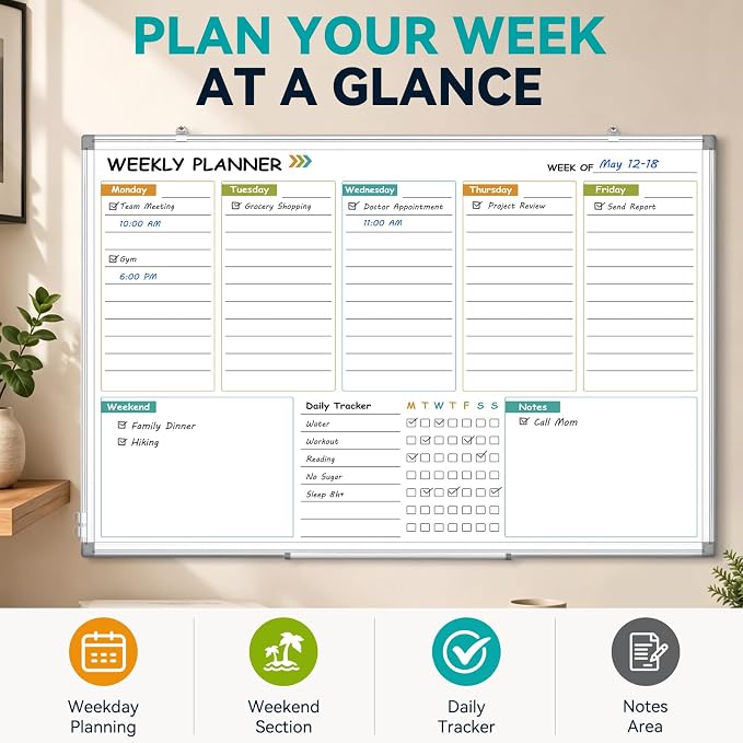 Weekly Dry Erase Calendar Whiteboard with Corkboard, 36" x 24", Silver | Magnetic, White Board Cork Board Combo, Double Sided, Wall Mounted, Aluminum Frame, for Home, Office, Kitchen, Dorm