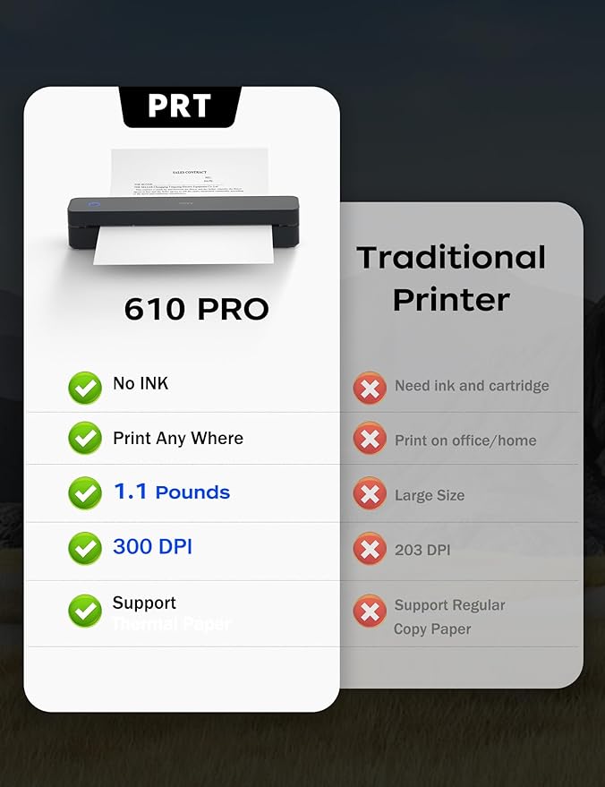 PRT Portable Printer Wireless for Travel, Thermal Inkless Small Bluetooth Mobile Printer, Support 8.5" X 11" US Letter, A4, Compatible with Phone, Laptop for Office, Vehicles, Home Use, 300 DPI, Black