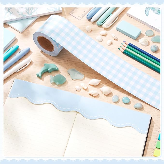 2 Rolls 65.6ft Marcaron Blue Gingham Bulletin Board Borders Decoration Blue Checkered and Straight Edge Bulletin Borders Board Trim for Office School Classroom Chalkboard Party Decoration