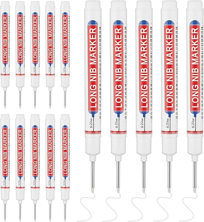 15 Pcs Long Nib Marker, 20 mm Long Head Deep Hole Marker Pens, Fine Nose Tip Deep Reach Permanent Paint Markers for Metal, Marking Pen for Drilling, Carpenter, Woodworking, Construction (White)
