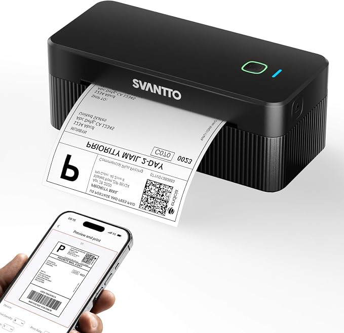 SVANTTO Thermal Label Printer, 4x6 Shipping Label Printer Bluetooth Wireless Label Printer for Small Business Compatible with Etsy, Shopify, USPS, iPhone, Mac, Windows