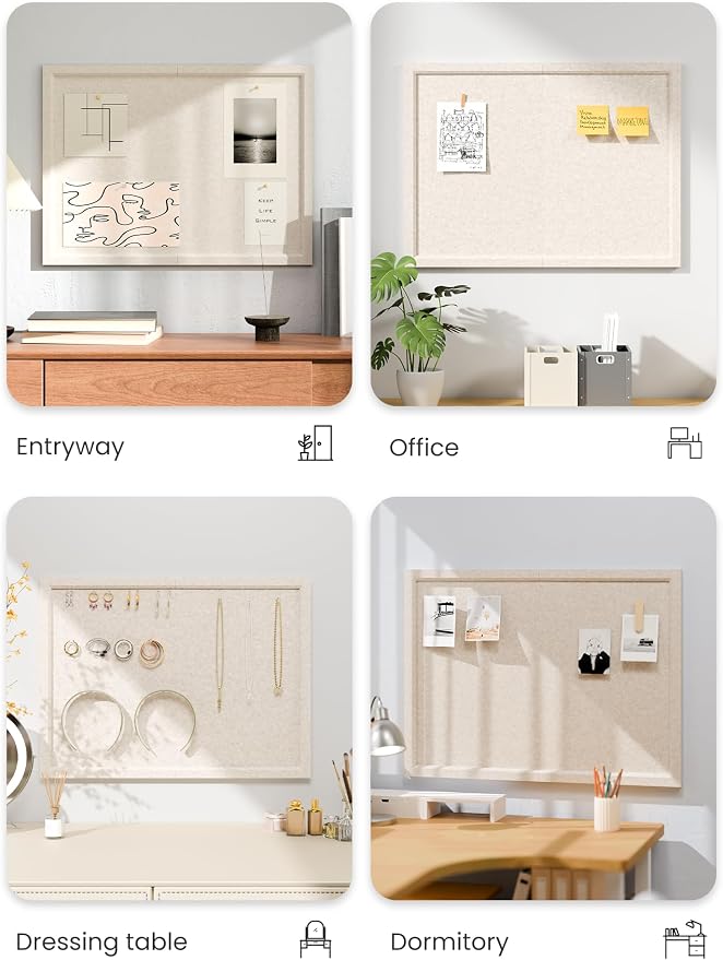 Fluxynara 23.6" x 17.1" Felt Frame Bulletin Board, Oatmeal | Cork Board Alternative with 12 Removable Adhesive Tabs, Foldable Pin Board for Wall, Home, Office, Classroom & Dorm