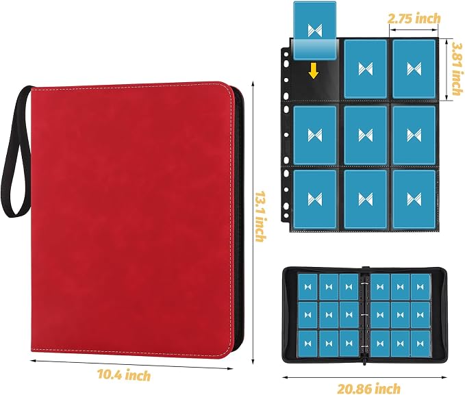 GERMUN 3 Ring 9 Pocket Zipper Card Binder, 720 Double Sided Standard PU Trading Card Album Folder for TCG & Sports Cards, Not Fit Top Loaders (Red)