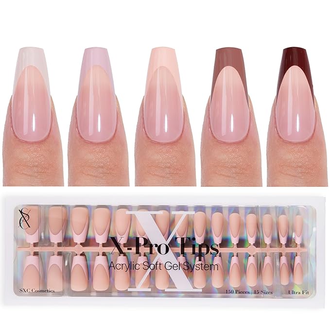 SXC Cosmetics French Tip Press On Nails 150 Pieces in 15 Sizes Ultra Fit with Pre-applied Tip Primer and Base Coat, No Need to File Fake Nails for Nail Art DIY X-Pro Tips (ST120-M Coffin)