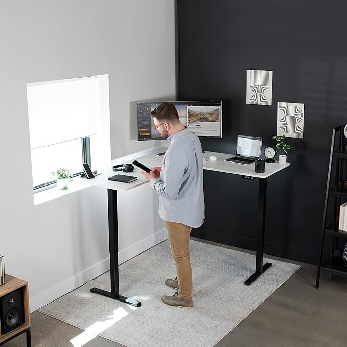 VIVO Corner Standing Desk, 63 x 55 inch Reversible L-Shaped Workstation, Electric Height Adjustment, Home, Office, and Reception Rooms, White Table Top Black Frame, DESK-E3CTBW