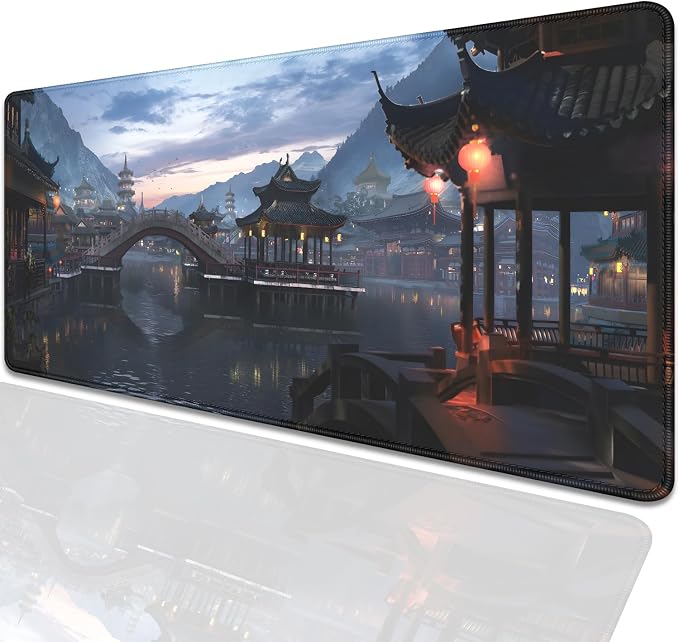 Japanese Style Ancient Pavilion Sky Mountains Extended Desk Pad Mouse Pad,Stitched Edges Non-Slip Rubber Base XL Mouse Mat Desk Mat for Office Home Work Mousepad(27.5X11.8 Inch)