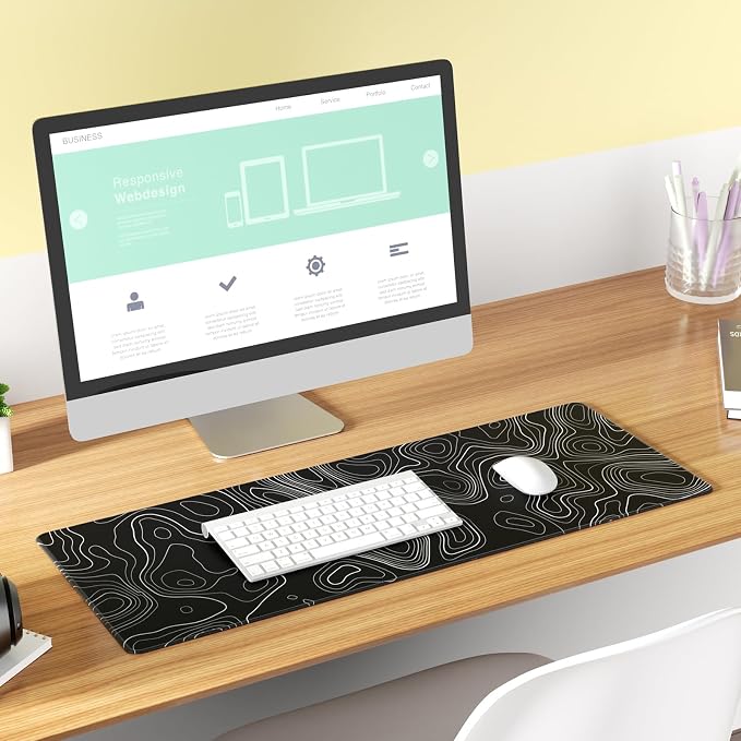 KTRIO Large Gaming Mouse Pad, Desk Mat, 31.5 x 11.8 in, Black Topographic, XL