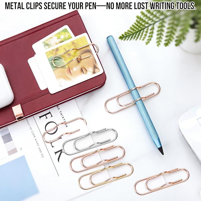 12Pcs Pen Holder Clips - Metal Pen Holding Paper Clips for Notebooks, Decorative Pencil Clip Organizer, Multi-Functional Bookmark & Card Holder for Desk Organization