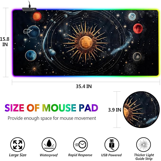 AIMSA RGB Mouse Pad LED Gaming Mouse Pad with 14 Lights Modes, Non-Slip Rubber Base Computer Carpet Desk Mat for PC Laptop (35.4 x 15.8 inch) Abstract Solar System