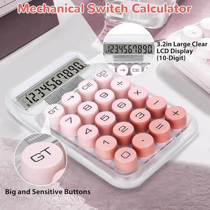Cute Calculator, Mechanical Switch Calculator, Calculators Desktop 10 Digits, Desk Calculators with Big Buttons and LCD Display, Battery Power,Ideal for School Home Office Basic(Pink)