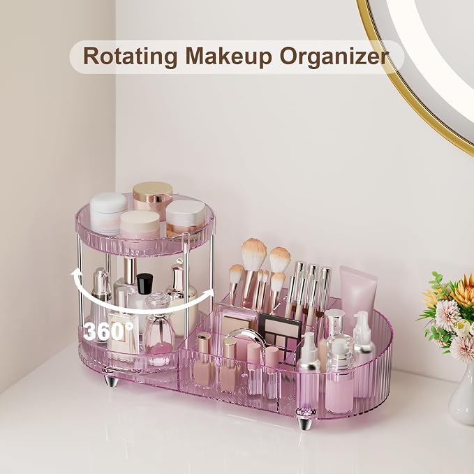 360 Rotating Vanity Makeup Organizer, 2 Small Trays & 5 Compartments for Cosmetics, Skincare, Perfume, Lipstick & Make up Brushes Holder, Dresser Countertop Organizers and Storage for Bathroom, Desk