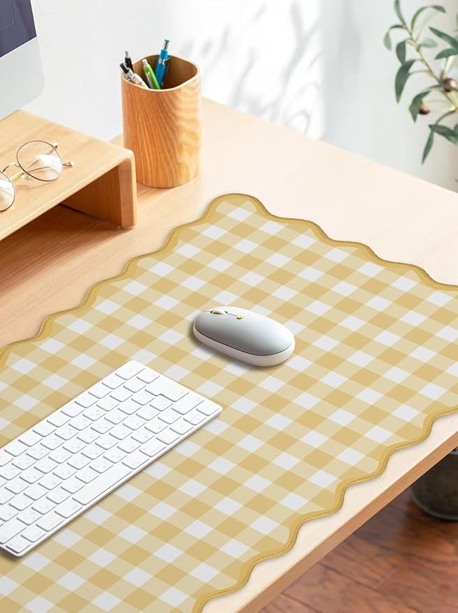 Scalloped‌ Checkered Gingham Desk Mat Cute Yellow Pastel Large Mouse Pad Kawaii Cottagecore ‌Vintage‌ Deskmat Girly Keyboard Computer Mat Aesthetic Desk Pad Office Decor for Women