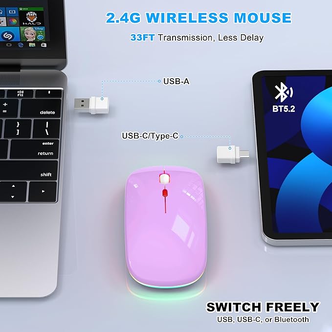 Azmall Bluetooth Wireless Mouse, Slim LED Rechargeable Silent Mouse with 2.4GHz USB-A/USB-C Receiver & Type-C Adapter, Compatible with Laptop, MacBook, iPad, iPad Pro,Mac,Tablet - Purple