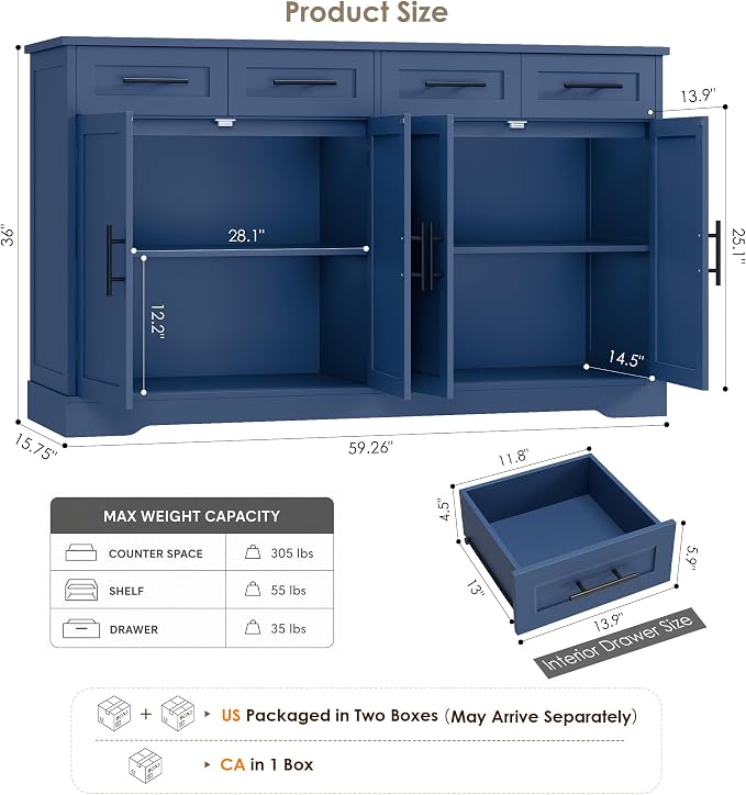 HOSTACK 60" W Sideboard Buffet Cabinet with Storage, Kitchen Cabinet, Blue | 36" Tall Kitchen Buffet Storage Cabinet with 4 Drawers, Large Coffee Bar Cabinet, Modern Buffet Table for Dining Living Room