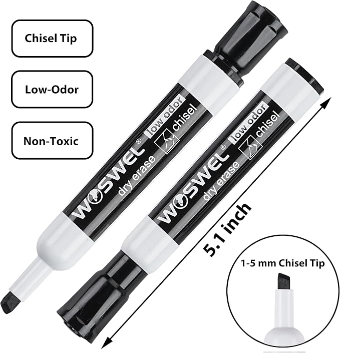 WOSWEL Dry Erase Markers Bulk, Chisel Tip Whiteboard Markers, Low Odor Thick Dry Markers, 100 Black Color for Teachers, Classroom, Office & Home Use (Pack of 2)