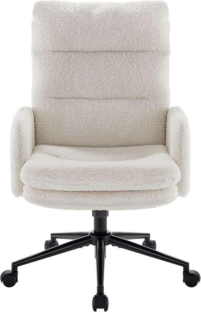 IWMH High Back Home Office Chair,Comfy Desk Chair with Armrests Cashmere | Ergonomic Upholstered Office Desk Chair,Height Adjustable Armchair with Wheels, 360° Swivel Desk Chair (White)