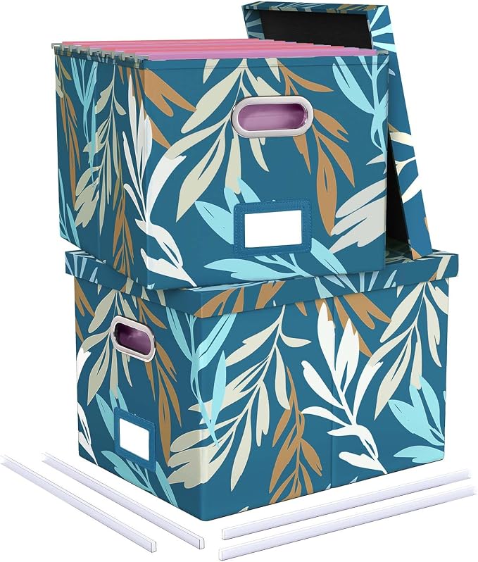 2 Pack File Storage Organizer, Document Organizer, Portable File Box with Lid, Fit for Letter/Legal File Folder Storage,Leaf Blue-Box only