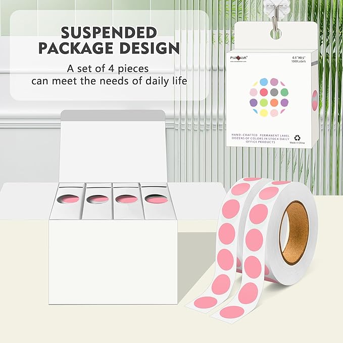 PARLAIM 4000 Pack Pink Dot Stickers, 1/2 inch Round Circle Label 4 Rolls Permanent Adhesive Color-Code Sticker Labels in Dispenser Box