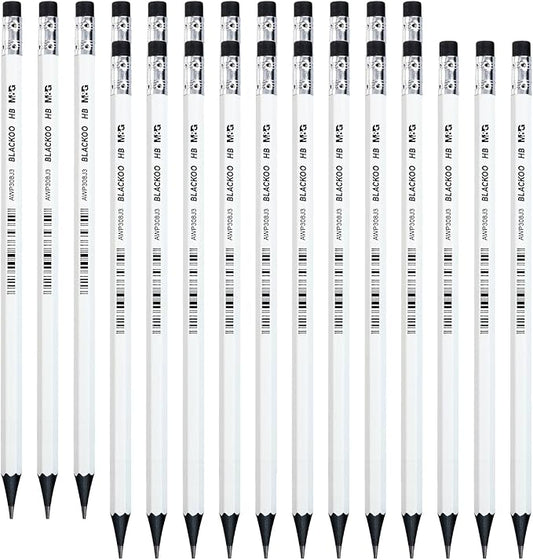 M&G BLACKOO Series HB Wood-Cased Pencils, 24-Pack Pre-Sharpened with Top Erasers, Bulk Black Pencils for School, Teachers, Writing, Drawing and Sketching (White)
