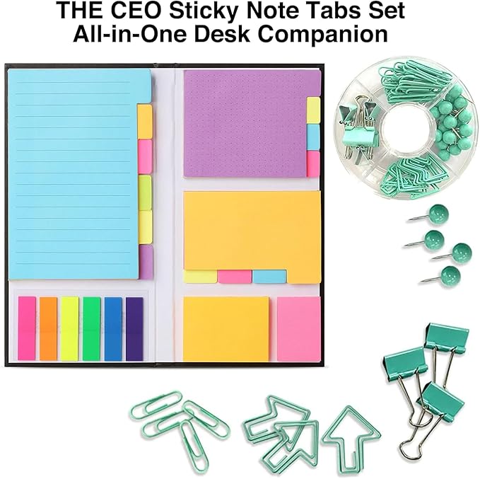 THE CEO Sticky Note Tabs Set Combines Sticky Notes with Office Rubber Bands & Paper Clips - Stay Productive & Prepared with Paper Notes that Brighten Your Desk - Fun Gift for Students & Professionals