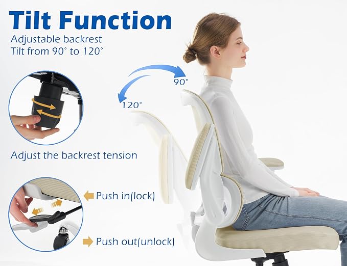 TRALT Ergonomic Office Chair Desk Chair with Adjustable Lumbar Support | Desk Chair Comfy with Flip-up Armrests Ergonomic Chair - Mesh Computer Chairs for Adults, 330lbs, PU Leather (Beige, 1)