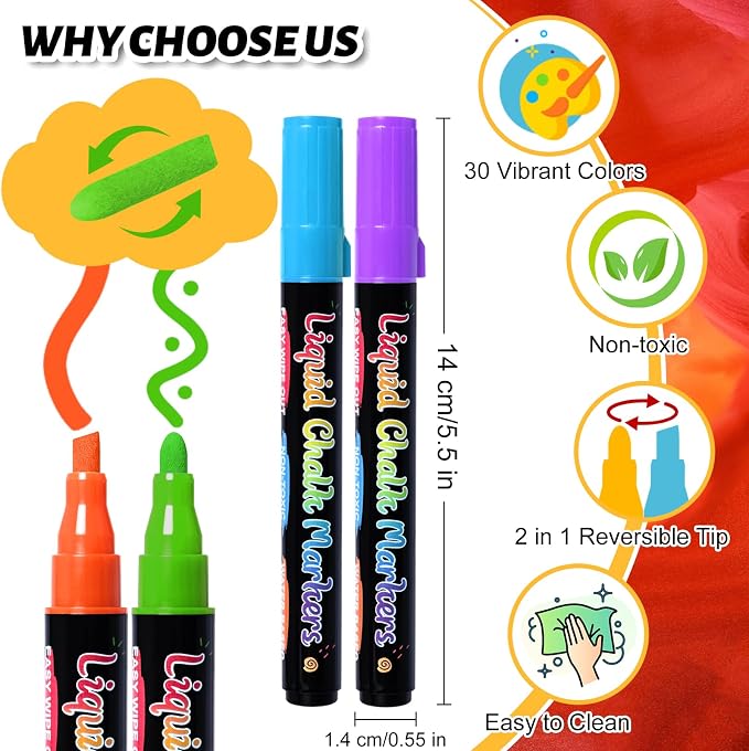 Reaeon Chalk Markers, Liquid Chalk Markers with 6mm Reversible Tip, Dust-Free & Non-Toxic Erasable for Blackboard, Chalkboard, Glass, Windows, Restaurants,30 Pack