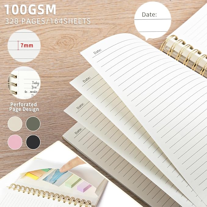 ALKALO Spiral Notebook Journal, 328 Pages Linen Hardcover College Ruled Notebook, Lined Thick Journals for Women Men, A4 Thick Spiral Journal for Writing, 100GSM Paper, Cute Notebooks for Work School