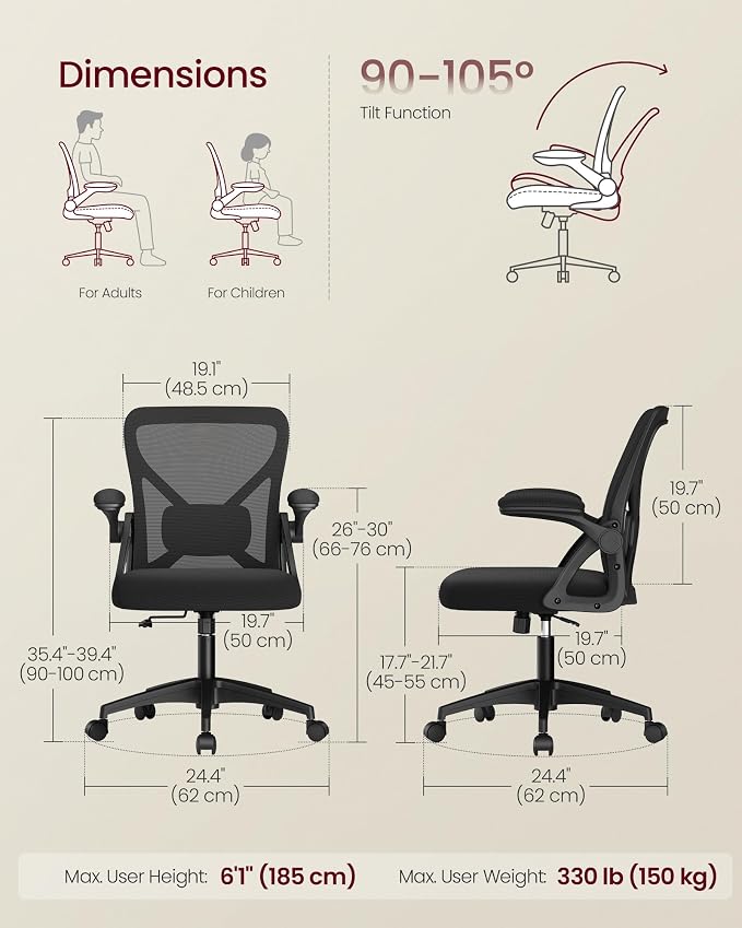 VASAGLE Ergonomic Mesh Office Chairs with Adjustable Lumbar Support, 90-105° Tilt Function, Wide Seat, Flip‑Up Armrests, Computer Desk Chairs for Home Office, Set of 2, Ink Black