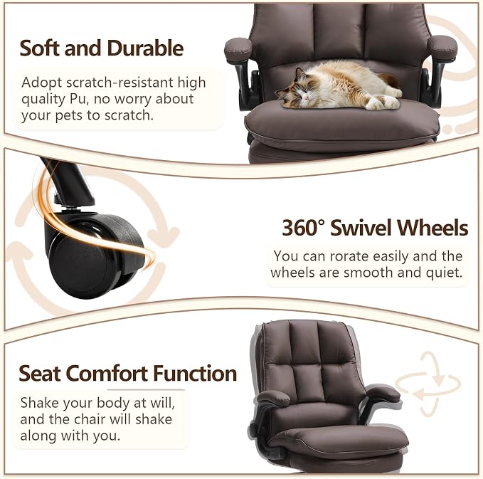Comfy Office Chair Soft and Double Cushioned Ergonomic Computer Desk Chair | Suitable for Long Hours Executive Office Chair with Flip-up Armrests and Height Adjustment for Home Office Brown