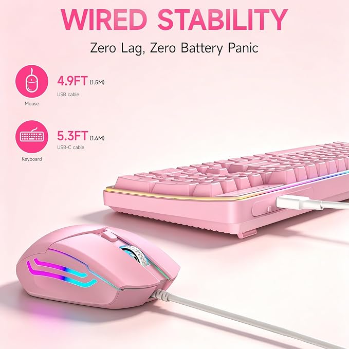 Wired RGB Keyboard and Mouse Combo, Rainbow Backlit, 104-Key Full-Size with Numpad, 6400 DPI Ergonomic High-Precision Mouse, USB Plug & Play, for PC Laptop Mac Windows Mac Office Gaming (Pink)
