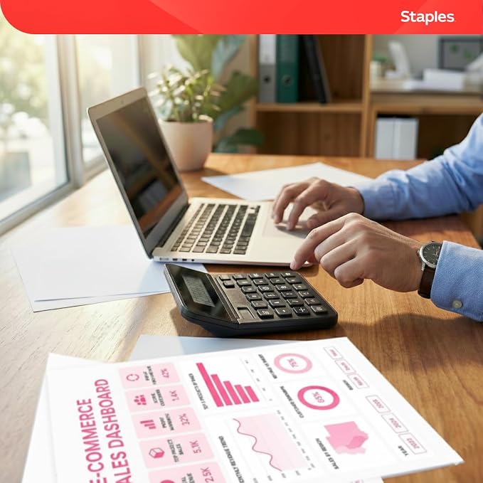 Staples 10-Digit Desktop Calculator, Solar/Battery, Large LCD | Basic financial functions in a compact design for everyday office use.